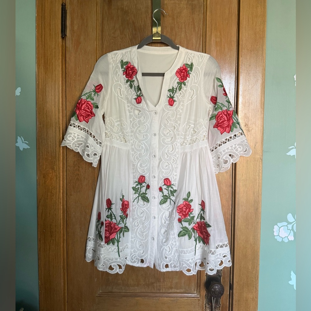 Silk and cotton embroidered lace button front mini dress - Picture 2 of 16